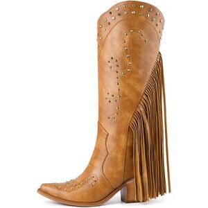 Women's Brown Rhinestone Pointed Toe Comfortable Chunky Heel Wide Calf Boots